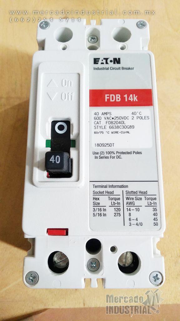 Interruptor 40 AMP 600 VAC 2 polos modelo FDB204L marca Eaton - imagen 1