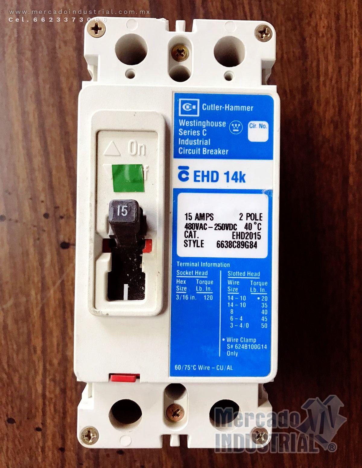 Interruptor 15 AMP 480 VAC 2 Polos modelo EHD2015 marca Cutler Hammer - imagen 1