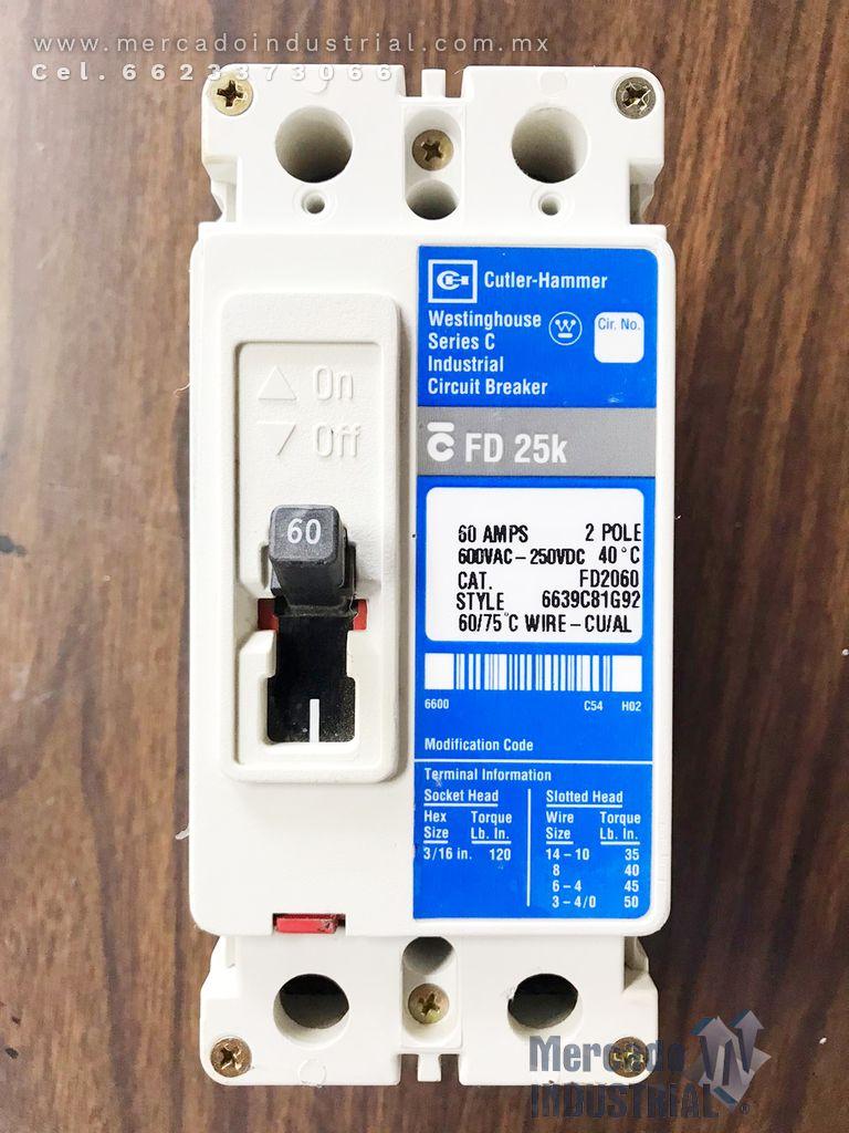 Interruptor 60 AMP 600 VAC 2 polos modelo FD2060 marca Cutler Hammer - imagen 1