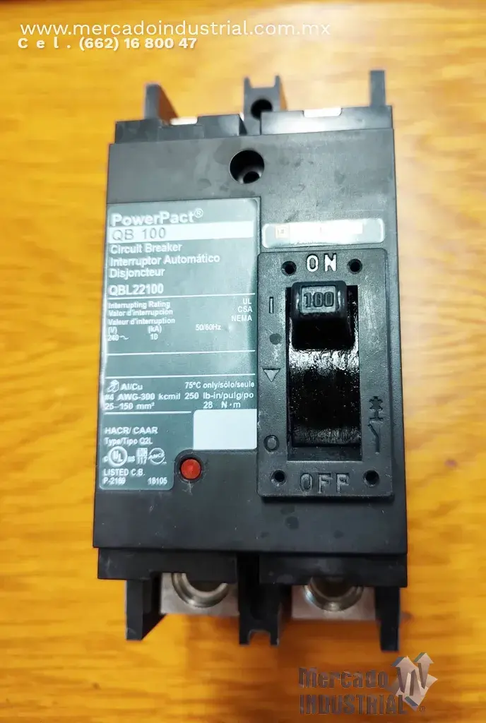 Interruptor automático 100 AMP 240 V 2 polos modelo QB100 marca Square D - imagen 1