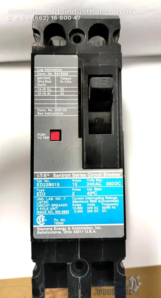 Interruptor 15 AMP 240 VAC 2 polos modelo ED22B015 marca SIEMENS - imagen 1