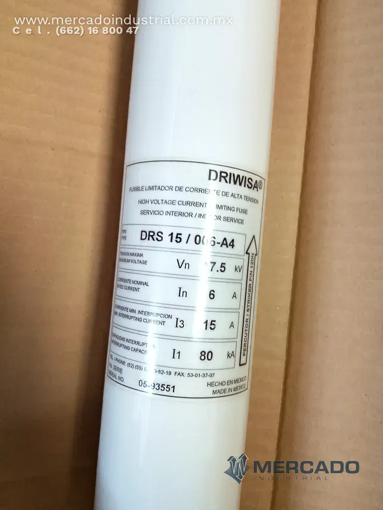 Fusible limitador de corriente de alta tensión 6 AMP 17.5 kV modelo DRS15/006A4 marca DRIWISA - imagen 1