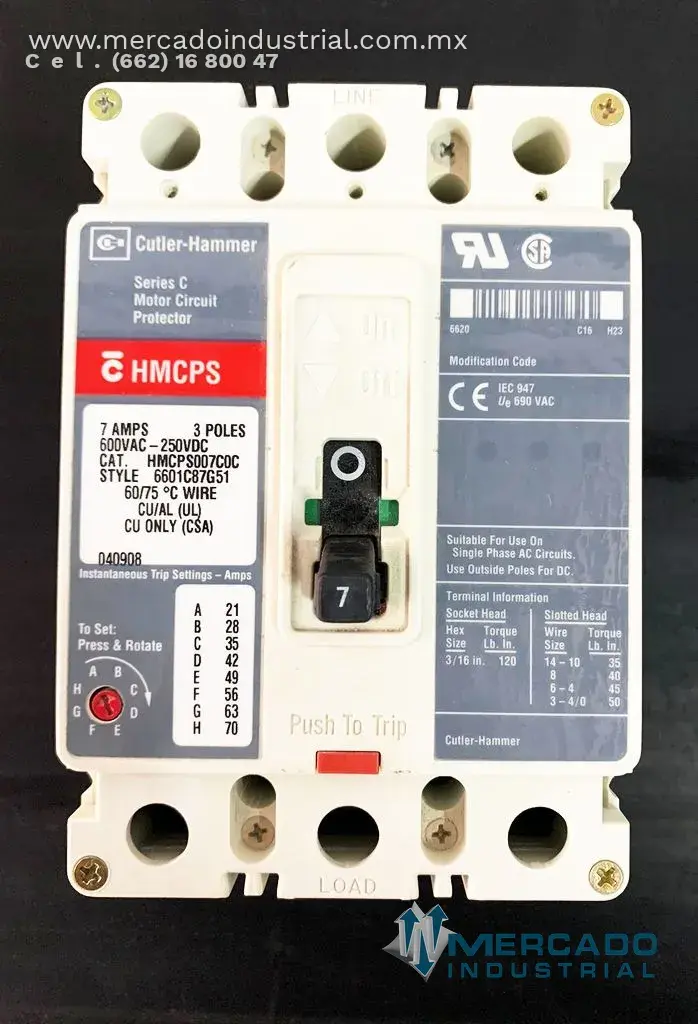 Interruptor 7 AMP 600 VAC 3 polos modelo HMCPS007C0C marca Cutler Hammer - imagen 1