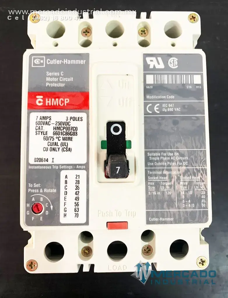 Interruptor magnético 7 AMP 600 VAC 3 polos modelo HMCPS007C0 marca Cutler Hammer - imagen 1