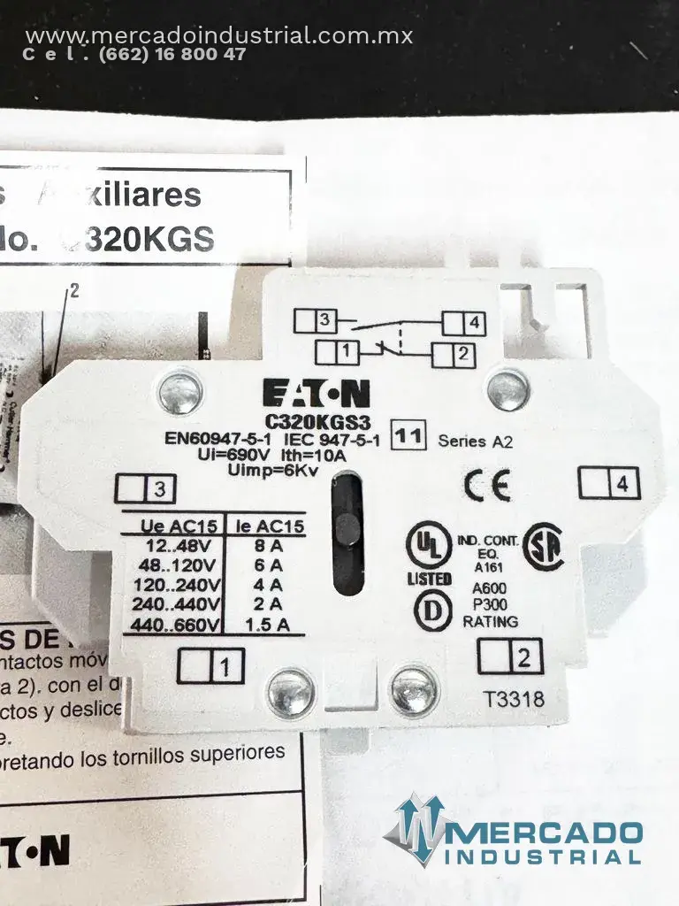 Contacto auxiliar lateral 240V NA-1NC modelo C320KGS3 marca Eaton - imagen 1