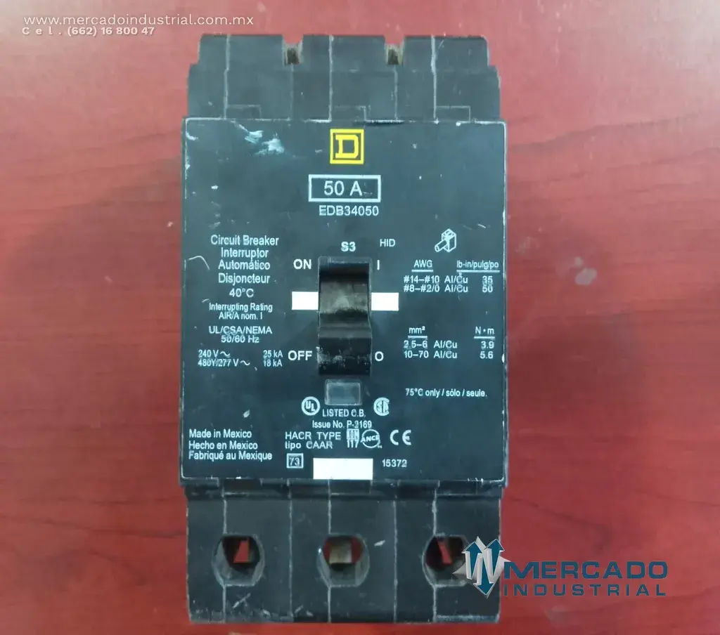 Interruptor 50 AMP 240/480V 3 polos modelo EDB34050 marca SQUARE D - imagen 1