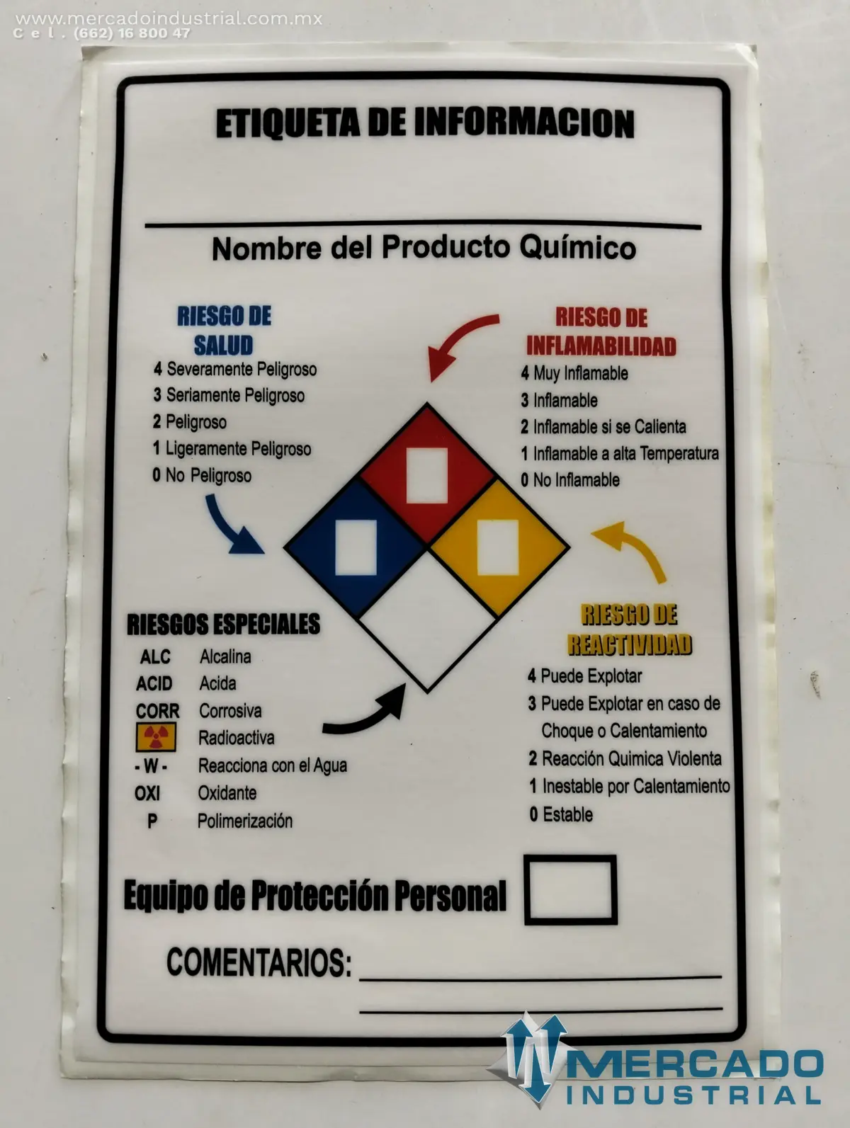CALCOMANIA ROMBO DE SEGURIDAD EQUIPO NECESARIO PARA ROTULAR CONTENEDORES DE PRODUCTOS INFORMACION DEL RIESGO DESDE 0 HASTA 4 - imagen 1