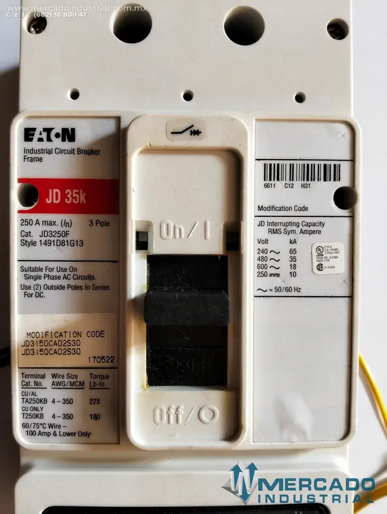 Interruptor termomagnético 250 AMP 600V 3 polos modelo JD3250F marca Eaton - imagen 1