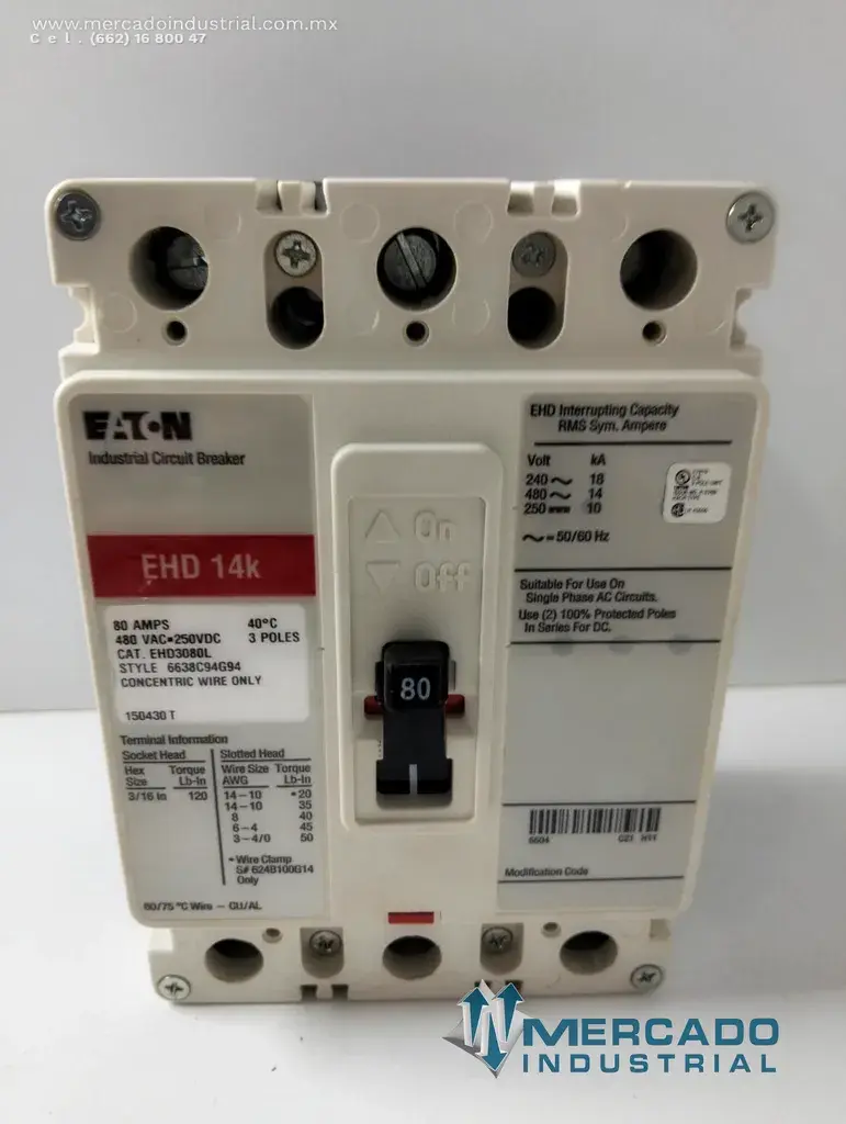 Interruptor termomagnético industrial 80 AMP 480 VAC 3 polos modelo EHD 14k marca Eaton - imagen 1