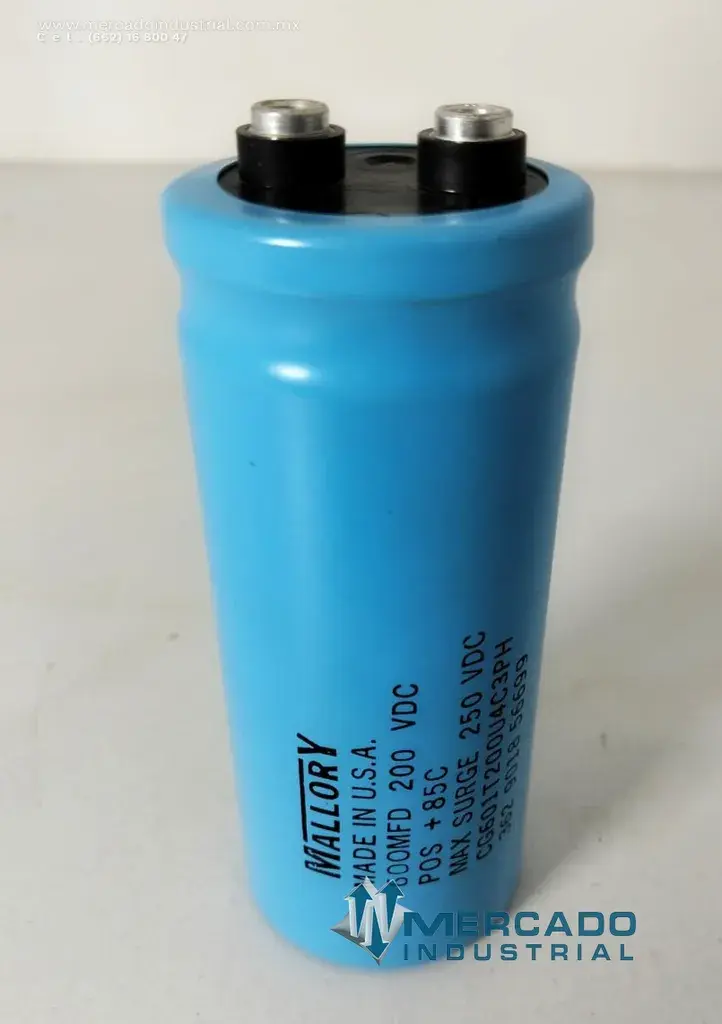 Capacitor electrolítico de potencia 600 MFD 200VDC modelo CG601T200U4C3PH marca Mallory - imagen 1