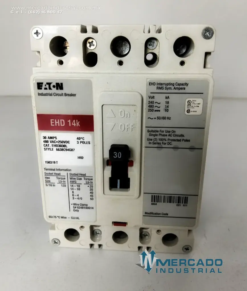Interruptor termomagnético industrial 30 AMP 480VAC 3 polos parte EHD3030L marca Eaton - imagen 1