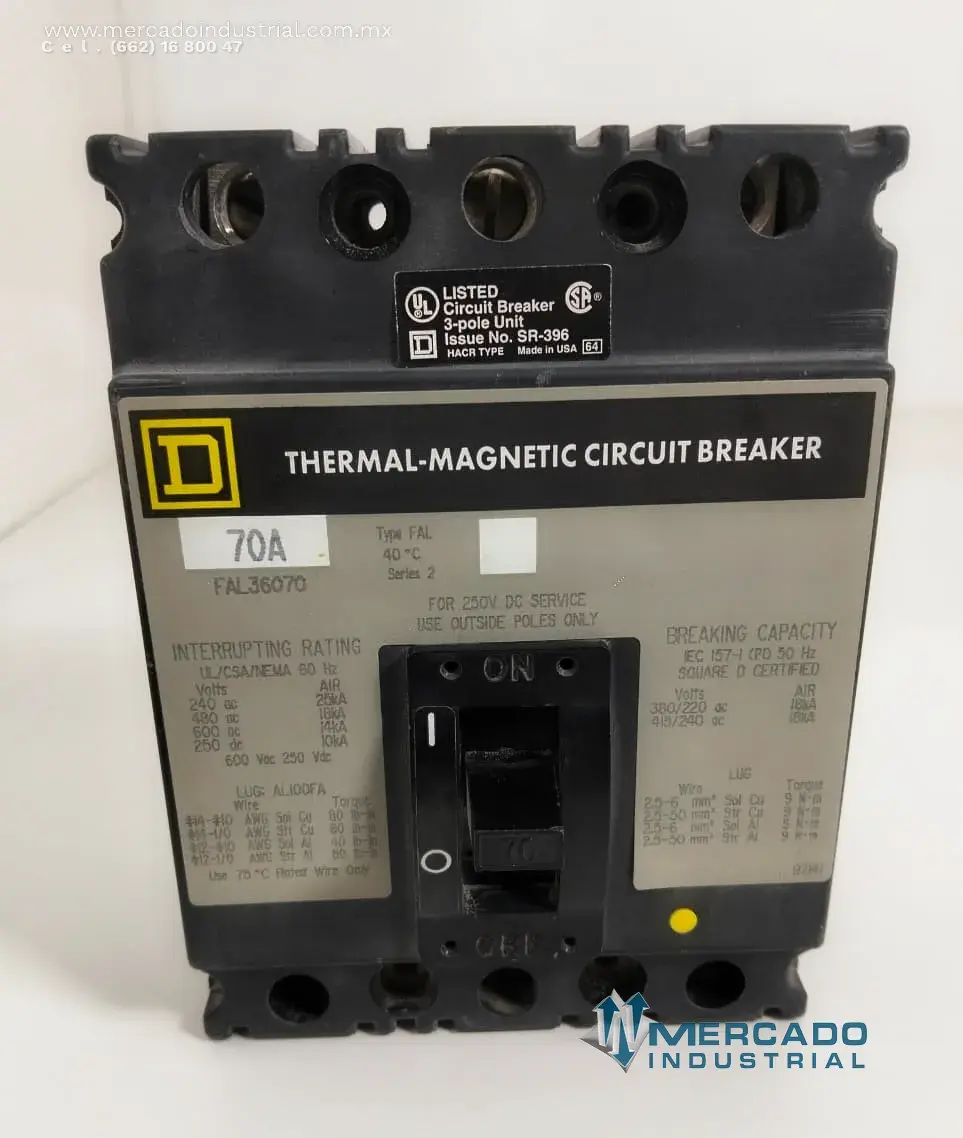 Interruptor termomagnético 70 A 600 VCA 3 polos modelo FAL36070 marca SQUARE D - imagen 1