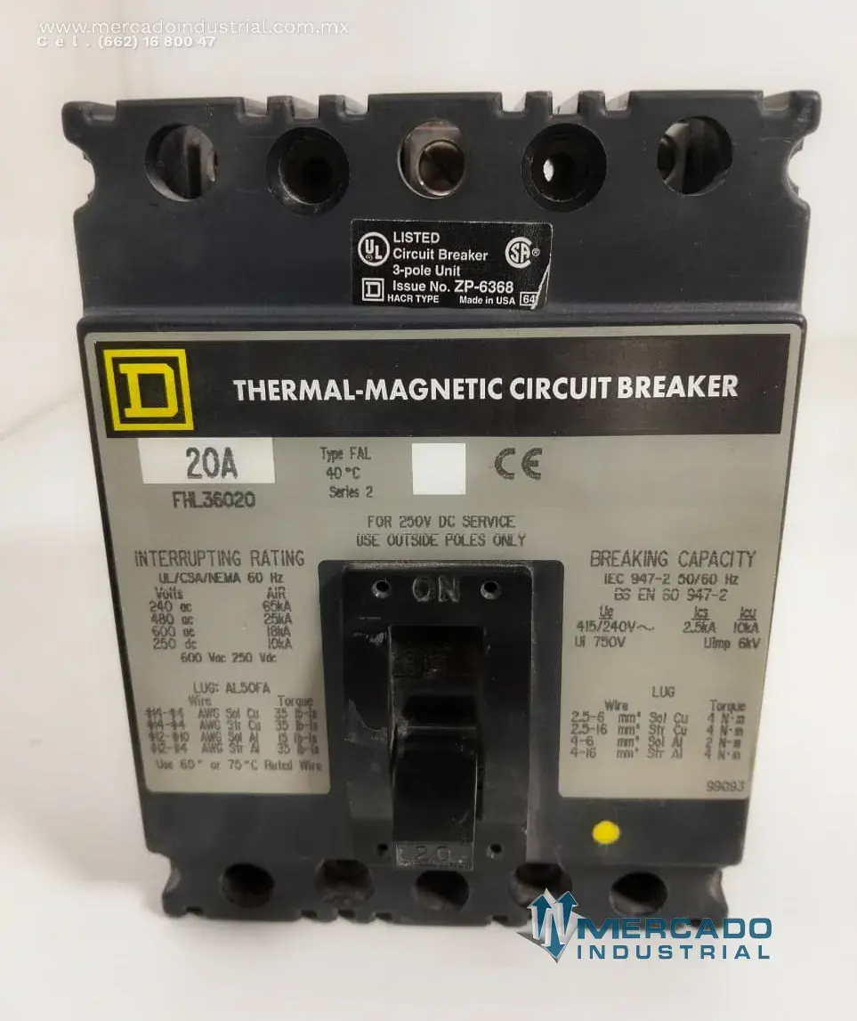 Interruptor termomagnético 20 A 600 VCA 3 polos modelo FHL36020 marca SQUARE D - imagen 1
