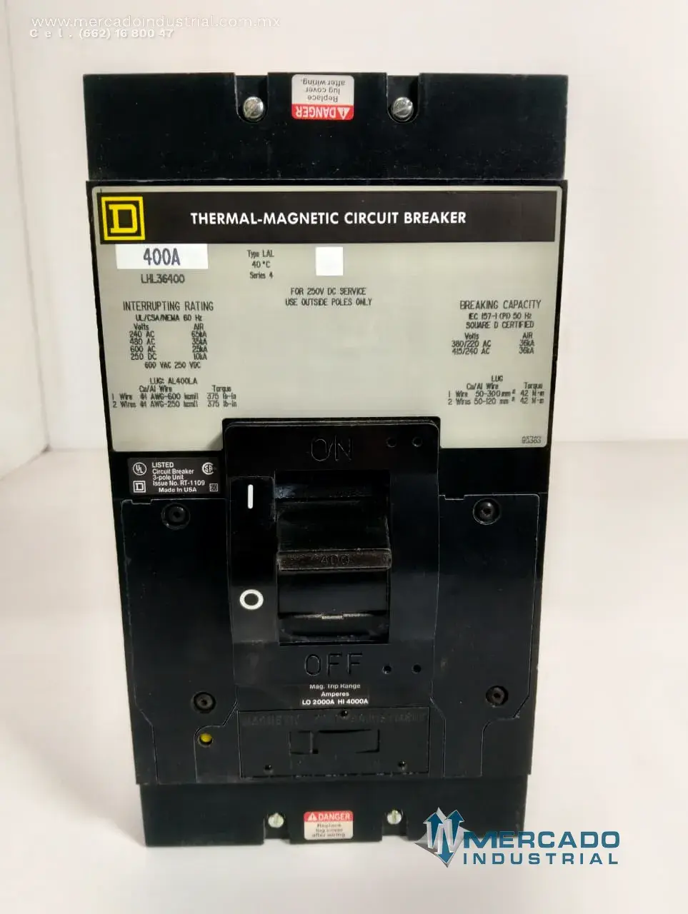 Interruptor termomagnético 400 A 600 VCA 3 POLOS modelo LHL36400 marca SQUARE D - imagen 1