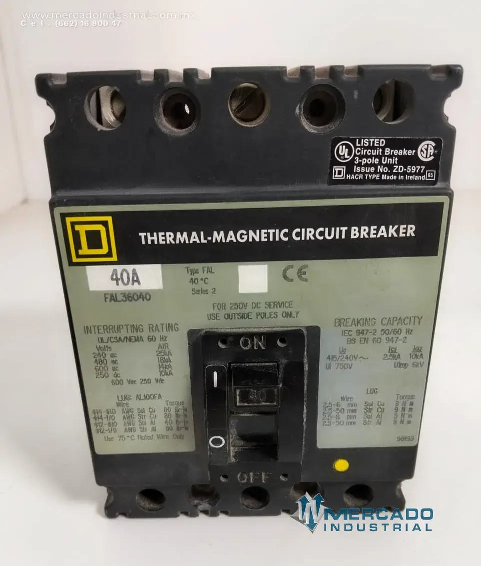 Interruptor termomagnético 40 A 600 VAC 3 polos modelo FAL36040 marca SQUARE D - imagen 1