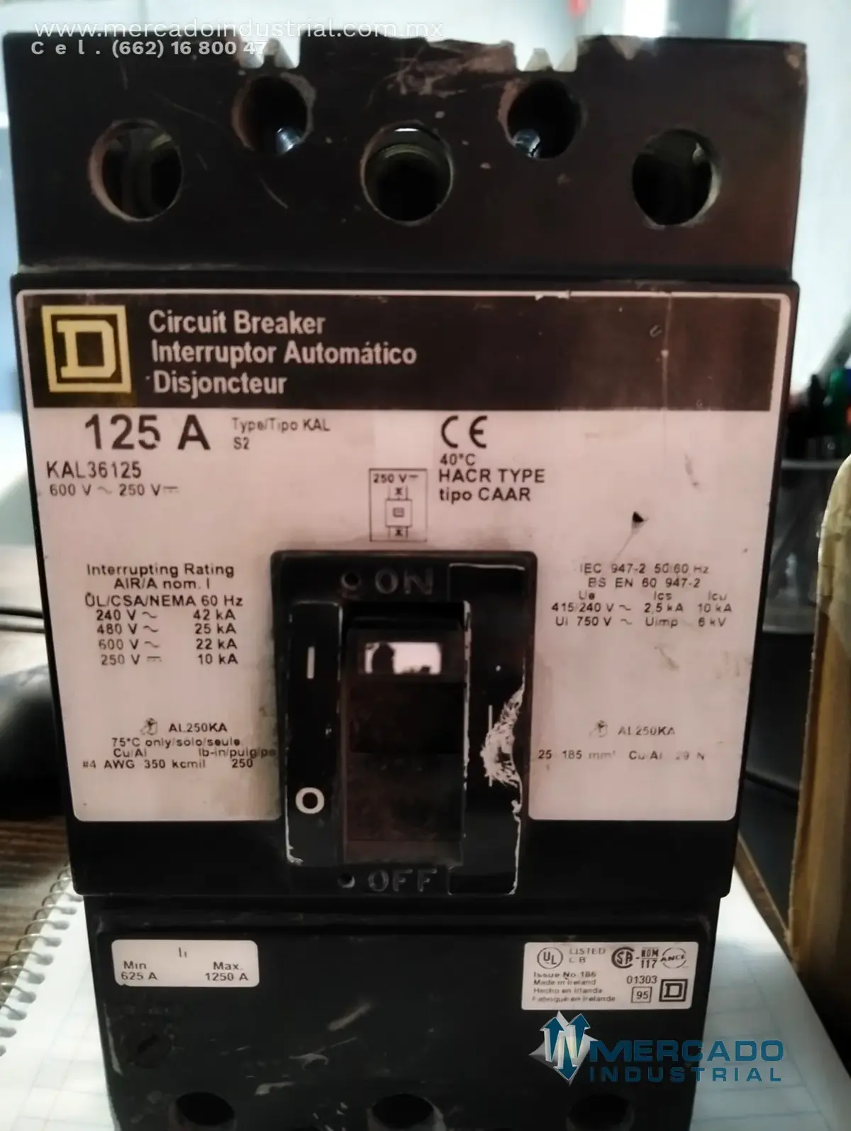 Interruptor automático 125 AMP 600V 3 polos modelo KAL36125 marca SQUARE D - imagen 1